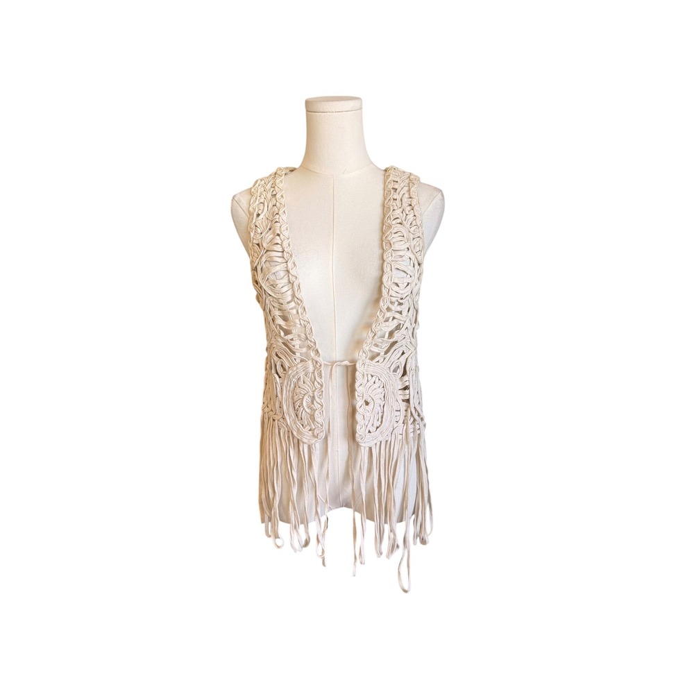 Papaya Cream Macrame Fringe Vest 100% Cotton Boho Festival Open Knit S/M